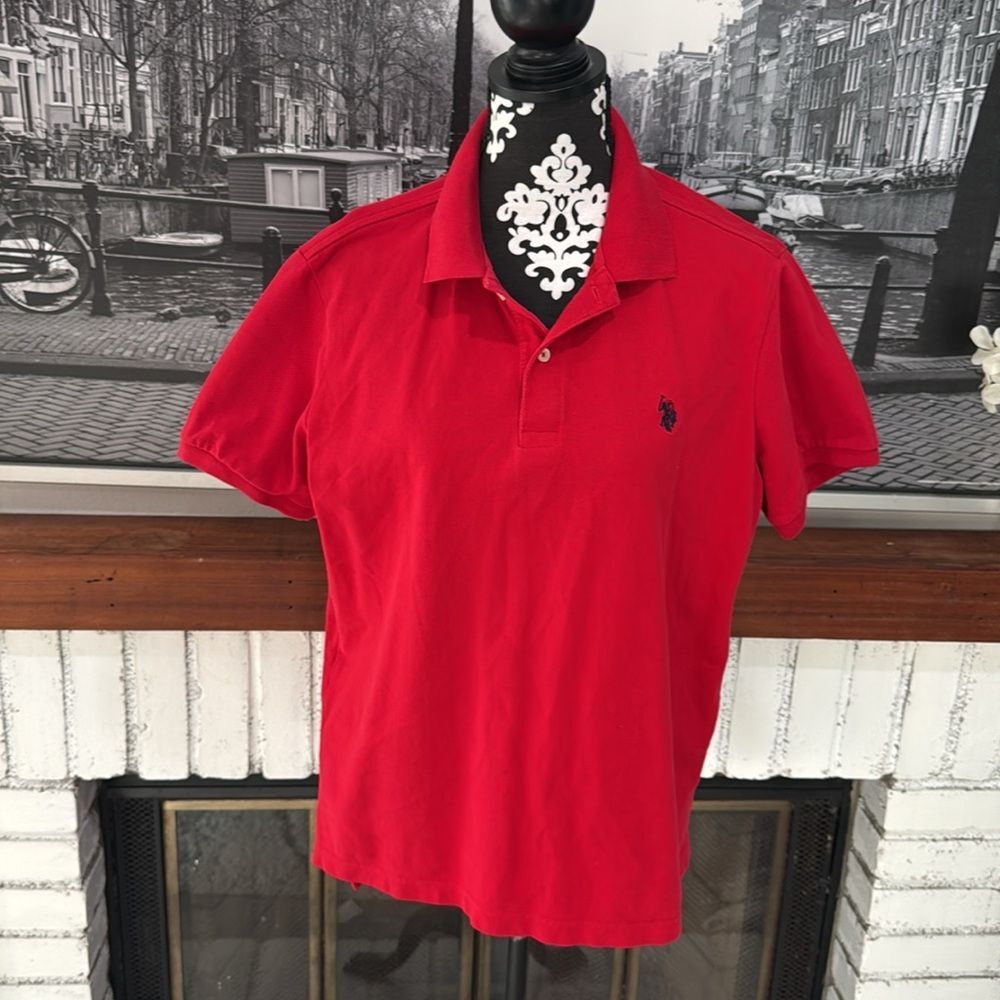 U.S. Polo Assn. Men’s Polo Shirt 100% Cotton Red Large Button Short Sleeve